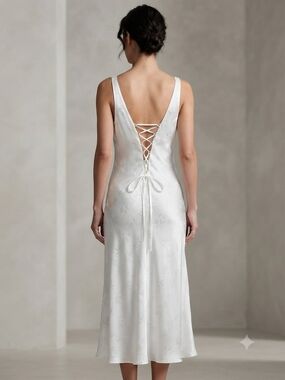 Blue Sky White Lace-Up Backless Lined Dress Size Med